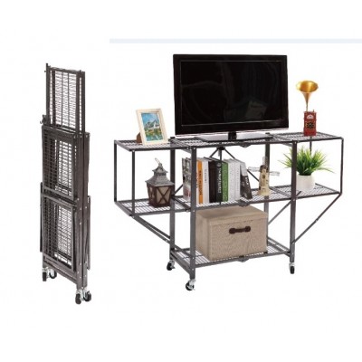 3 tier high quality metal durable foldable collapsible household rolling wire storage rack shelf